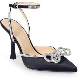 Dream Pairs Black Satin Rhinestone Bow Heels Size 6